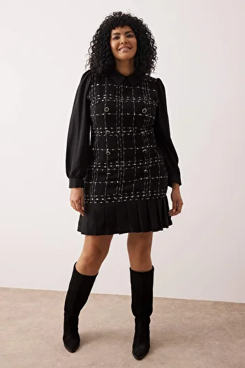 Trendyol Curve Black Shirt Collar Plaid-Checked Mini Tweed Dress TBBAW24AH00112