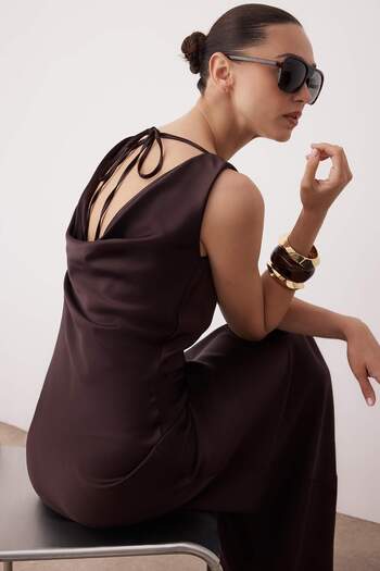 Trendyol Collection Καφέ A-Line Degaje γιακάς Σατέν Maxi Κομψό Φόρεμα TPRSS25EL00318