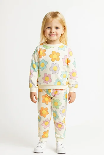 MAXI DRY Long Sleeve Double Set, Ecru Floral Pattern, 2-8 Years