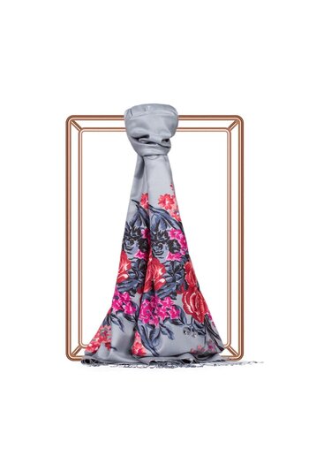ipekevi Palace Garden Patterned Silk Shawl 02677-Grey