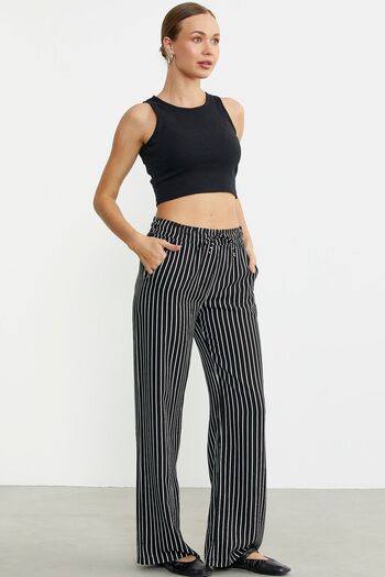 Sementa Striped Loose Cut Viscose Trousers - Black