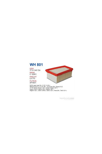 WUNDER Wh801 Oem 7701045724 Renault Megane Laguna Compatible Car Air Filter