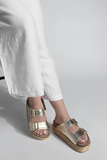 Marjin Women's Thick Straw Sole Double Banded Daily Slippers Tesmo Gold
