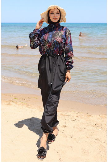 sefamerve Elastic Waist Leaf Patterned Zippered Hijab Swimsuit with Bonnet Gift 9005-01 Black Fuchsia