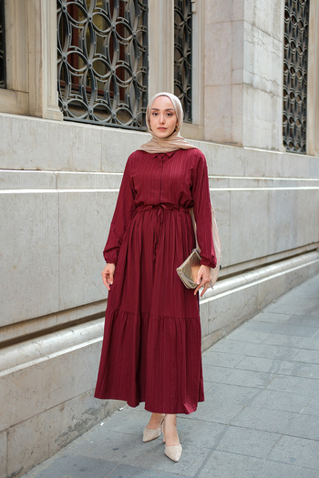 LOCCO Women's Waist Drawstring Dress Burgundy