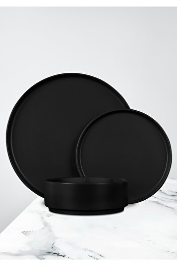 Berlinger Haus Set de cină premium din gresie, 18 buc., farfurii, boluri, stivuibile, lavabile în mașina de spălat vase, potrivite pentru cuptorul cu microunde, negru mat