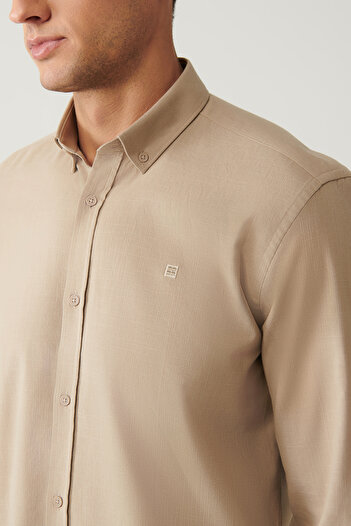 Avva Men's Mink Buttoned Collar 100% Cotton Linen Textured Shirt E 002141