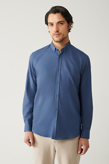 Avva Men's Indigo Buttoned Collar 100% Cotton Linen Textured Shirt E 002141