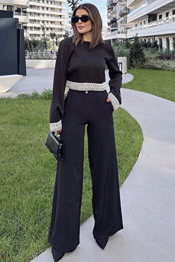 NEW LAVİVA Women's Black Embroidered Detailed Blouse & Wide Leg Trousers - Bottom & Top Set