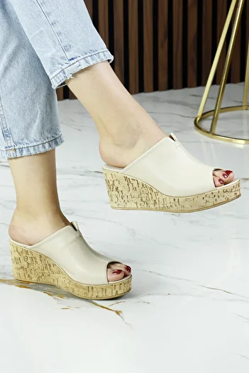 Erkan Saçmacı Mallery Beige Genuine Calfskin Open Front Cork Sole Look Wedge Heeled Slippers