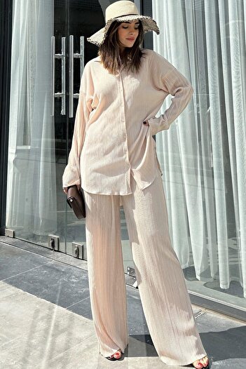 NEW LAVİVA Beige Loose Wrap Set - Long Tunic, Shirt and Wide Leg Trousers