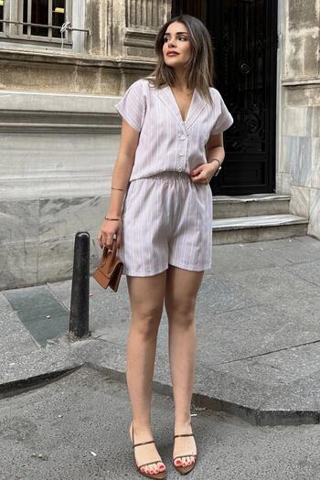 NEW LAVİVA Beige Striped Apache Collar Shirt and Elastic Waist Shorts - Pocket Set