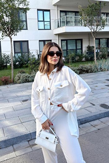 NEW LAVİVA Women's Ecru Double Pocket Long Shirt & Elastic Waist Pants - Comfortable Bottom & Top Set