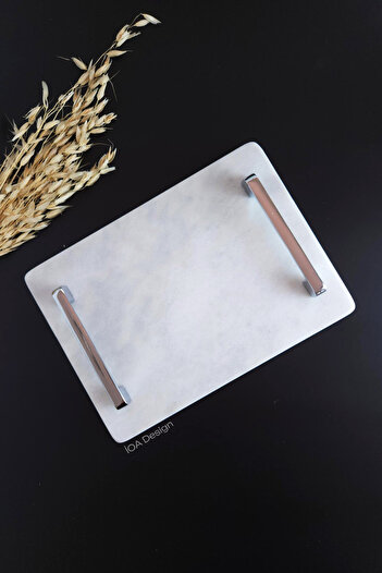 ioadesign Daffodil Real Thin Marble Groom Coffee Tray 28x20 Cm - Silver Handle