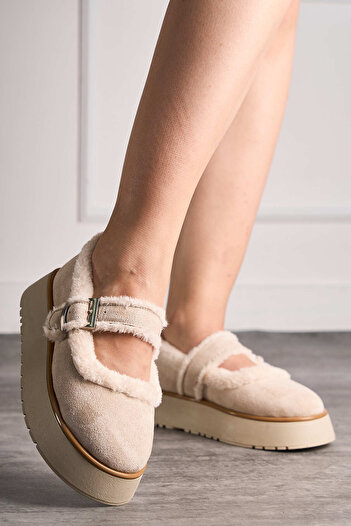Nstil Beige Suede Women's Daily Oval Toe with Thick Serrated Soles and Belt Detail 500H