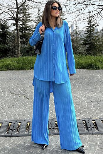 NEW LAVİVA Blue Loose Wrap Suit - Long Tunic, Shirt and Wide Leg Trousers