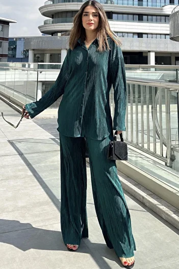 NEW LAVİVA Emerald Green Women's Tunic and Trousers Set - Elastic Waist, Loose Wrap Design