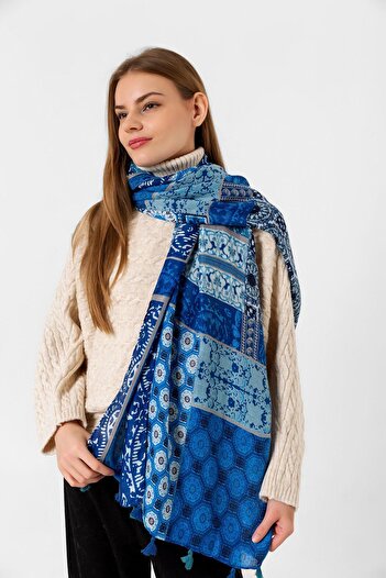 Axesoire 15081 Ethnic Patterned Tasseled Blue Shawl