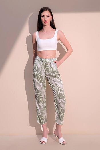 NEW LAVİVA Women's Khaki Comfortable Satin Elastic Waist Safari Pattern Trousers