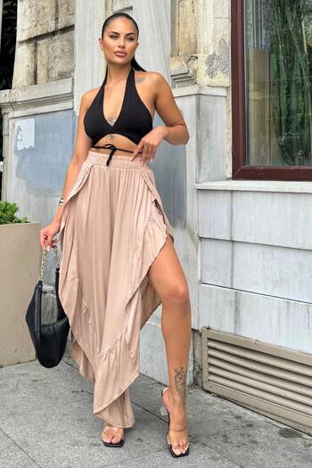 NEW LAVİVA Beige Bohemian Skirt with High Waist and Deep Side Slits - Frilly Asymmetric Cut