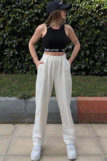 NEW LAVİVA Women's Ecru Elastic Waist, Pockets, Pleated Legs, Loose Trousers