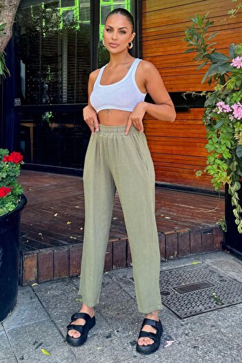 NEW LAVİVA Khaki Linen Trousers - High Waist, Pockets and Relaxed Fit