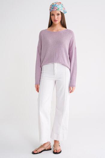 Mixray 6933 Women's Boat Neck Thin Seasonal Knitwear Sweater Lilac