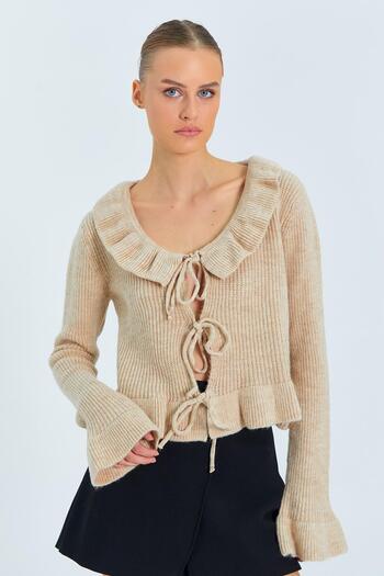 Mixray Beige 6899 Women's Front Lace-Up Cardigan