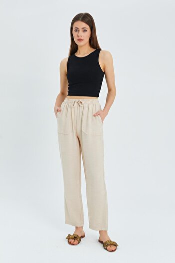 Mixray 4617 Beige Women's Draped Trousers - Double Pockets
