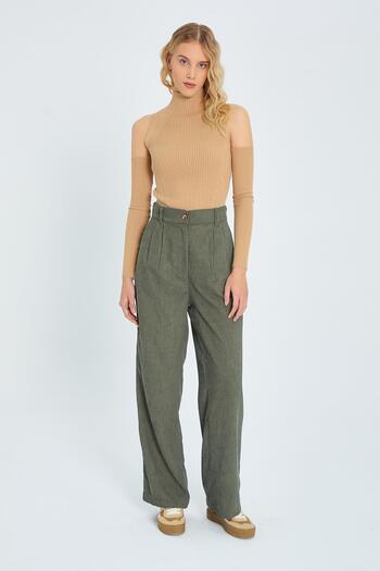 Mixray 4603 Model Women's Khaki Velvet Pleated Loose Trousers
