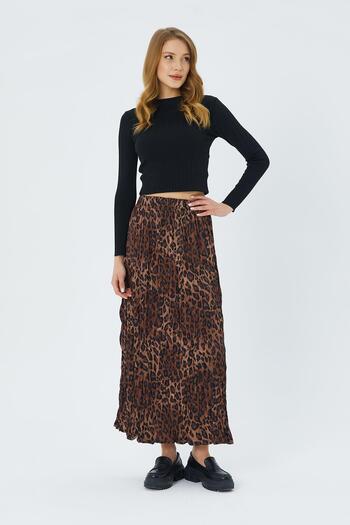 Mixray 4619 Women's Leopard Patterned Satin Skirt Brown