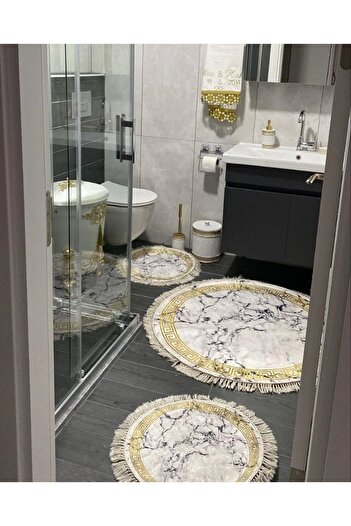 Aldora 3-Piece Digital Printed Non-Slip Based Washable Bathroom Mat Set - Toilet Set