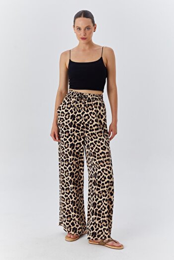 Mixray 4546 Model Beige Satin Palazzo Trousers - Leopard Pattern