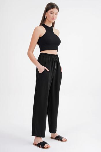 Mixray 4669 Women's Zipper Detailed Elastic Waist Regular Trousers Black