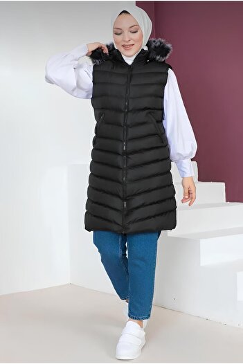 moda armanc Furry Hooded Long Black down Vest