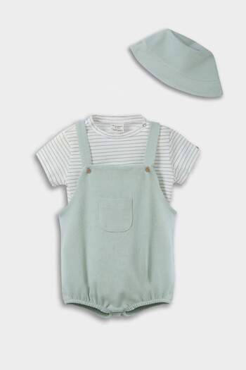 DeFacto Baby Boy 3-Piece Set Striped Short Sleeve T-Shirt Waffle Salopet Hat E8377A525Sm