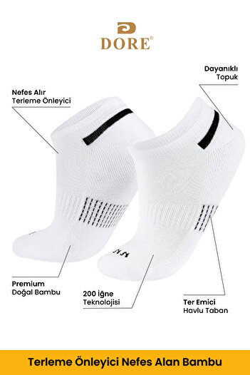 Dore Original Unisex 2 Pairs Premium Bamboo Trainer Sweat Absorbent Breathable Short Sports Socks - White Grey