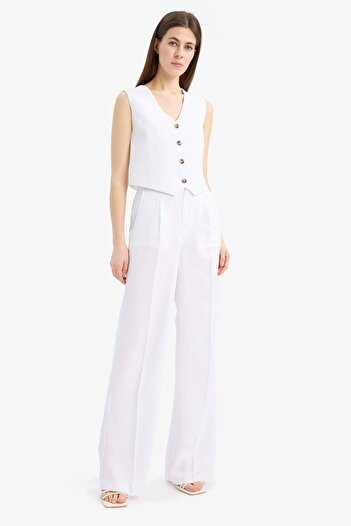 DeFacto V-Neck Linen Blended White Blazer Vest C3828Ax25Sm