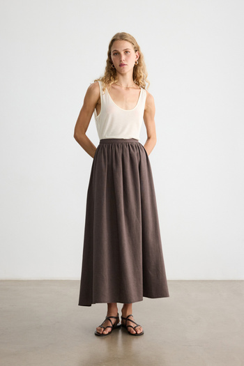 BE BLUE Brown Waist Tight Cotton Linen Skirt