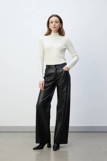 BE BLUE Wide Leg Leather Pants with Black Stitch Detail