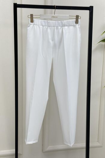 megapol Women's White Lycra Bell Fabric Tight Leg Trousers with Elastic Waist