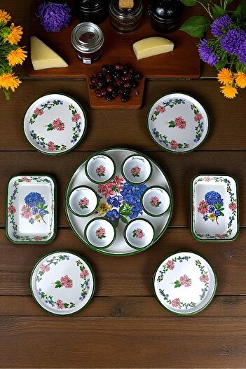 İnci Emaye Medium Size Patterned Enamel Breakfast Set for 4 People, Presentation Plate, Breakfast Plate, Jam Bowl, Olives, Cheese Plate