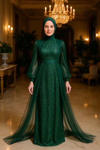 Neva Style Cape Green Hijab Evening Dress 55190Y