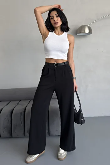 moda armanc High Waist Wide Leg Belted Lycra Women's Palazzo Trousers - Black