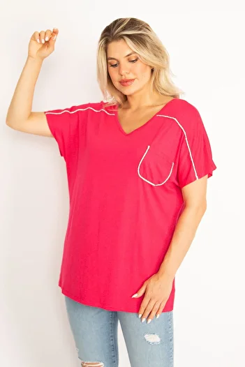 Şans Women's Large Size Fujya Shoulder and Pocket Glitter Detailed Blouse 65n34526