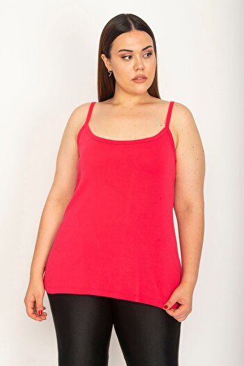 Şans Women's Large Size Fuchsia Cotton Fabric Blouse with Adjustable Strap Length 65n26629