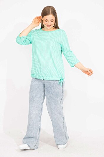 Şans Women's Green Plus Size Cotton Fabric Stripe Combination Blouse 65n35571