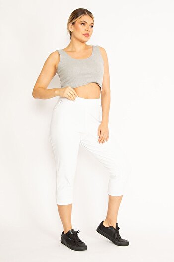 Şans Women's Large Size White Front Ornament Pocket Mouth Stone Detailed Lycra Double Leg Leggings Trousers 65n34701