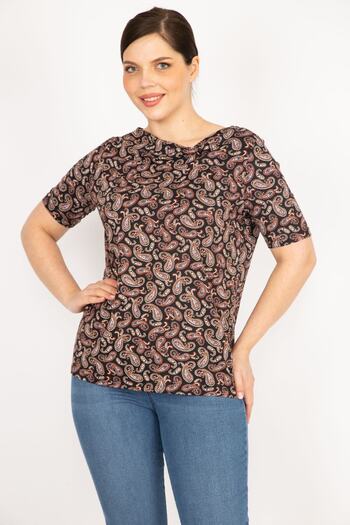 Şans Women's Colorful Plus Size Shawl Patterned Collar Detailed Blouse 65n36090