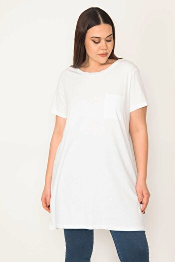 Şans Women's Large Size White Cotton Fabric Peto Pocket Tunic 65n31752